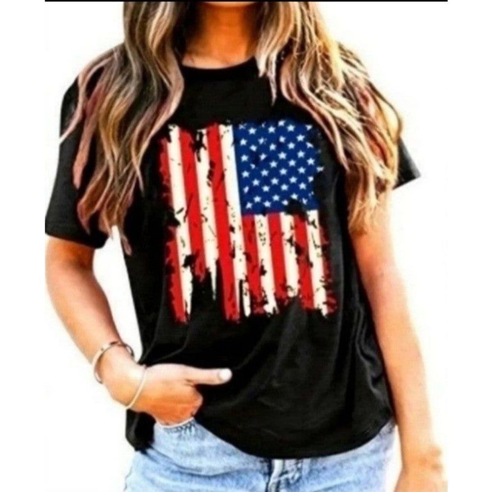Black Women's Flag Print Crew Neck T-Shirt